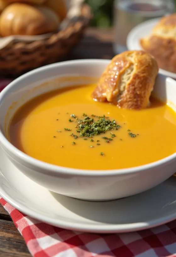 Creamy pumpkin vegetable soup served
