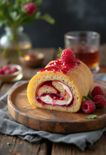 Raspberry liqueur Bolo de Rolo slice with fresh sauce
