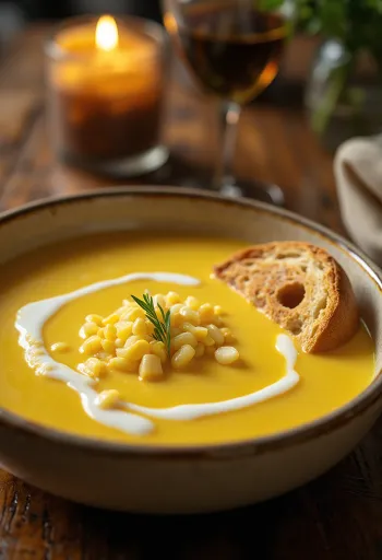 Creamy corn soup garnished with fresh parsley