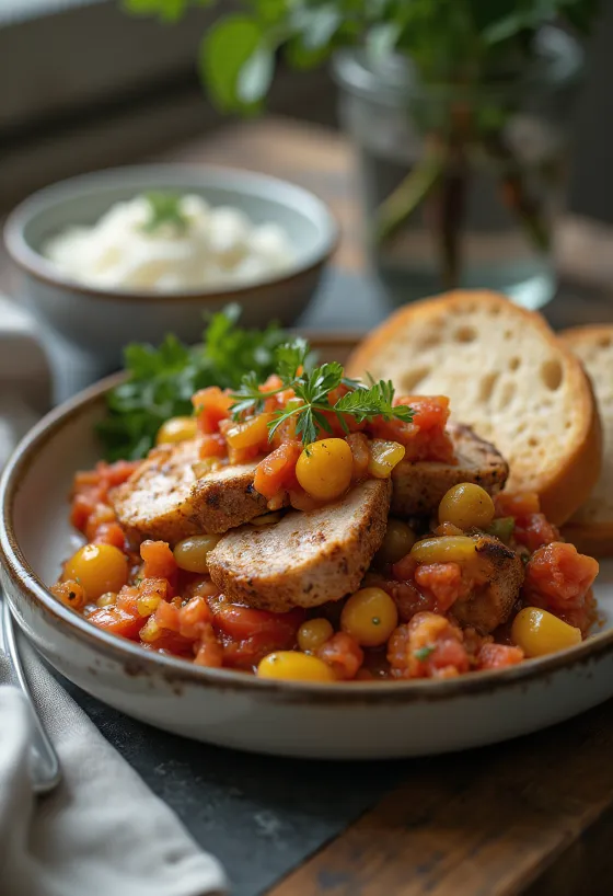 Juicy pork chops smothered in pepper and tomato ragout