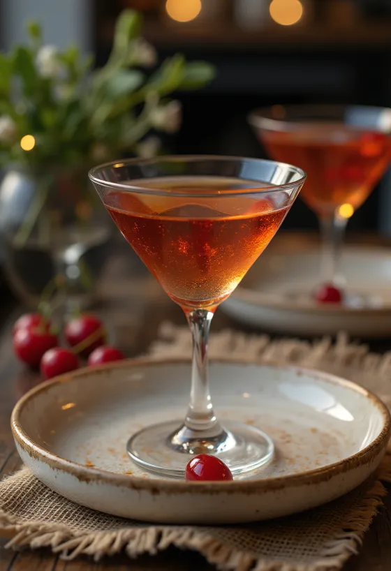 Manhattan cocktail with cherry and orange twist