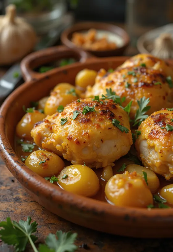 Pollo al Ajillo, Spanish garlic chicken served with white wine sauce