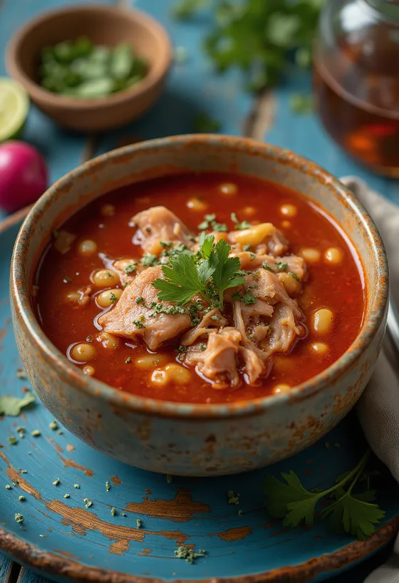 Red Pozole served with lime, radishes, and cilantro