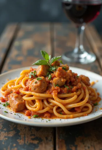 Seitan pasta garnished with fresh basil