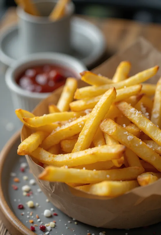 Golden brown french fries fried crisp and sprinkled with herbs.
