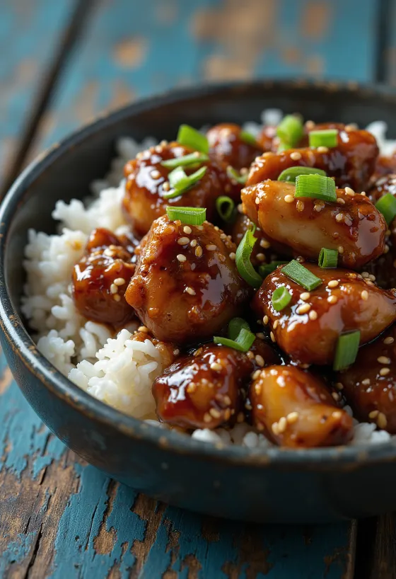 Glossy teriyaki chicken topped with sesame seeds and green onions