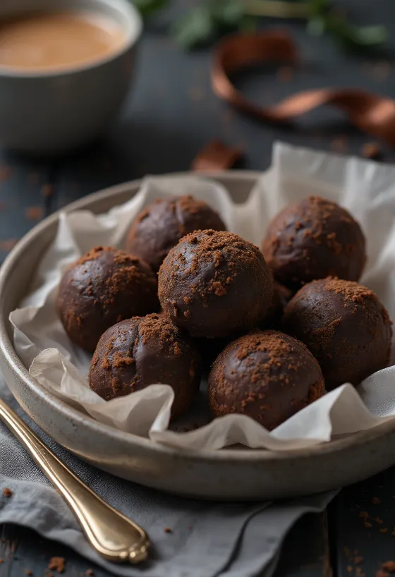 Dark chocolate truffles served