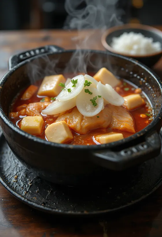 Spicy Korean Maeuntang fish stew with tofu and vegetables