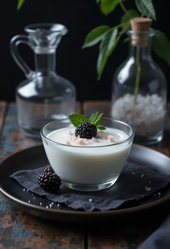 Smoked salt panna cotta served with berries