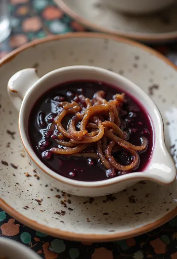 Spicy red wine onion sauce served with meat