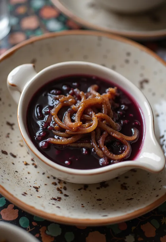 Spicy red wine onion sauce served with meat