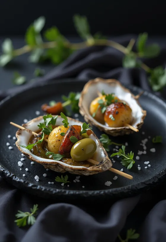 Gilda with smoked oysters, spiced peppers and fresh cilantro