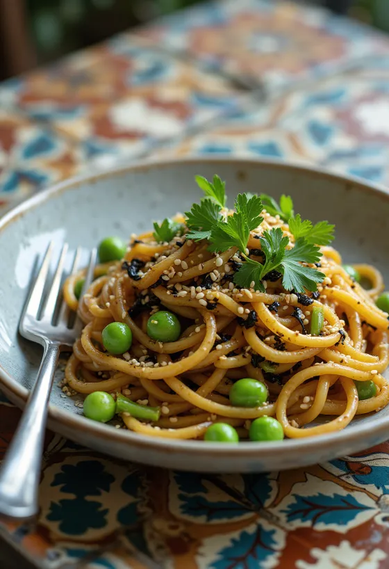 Hijiki pasta with roasted garlic and soy sauce, garnished with cilantro and sesame seeds