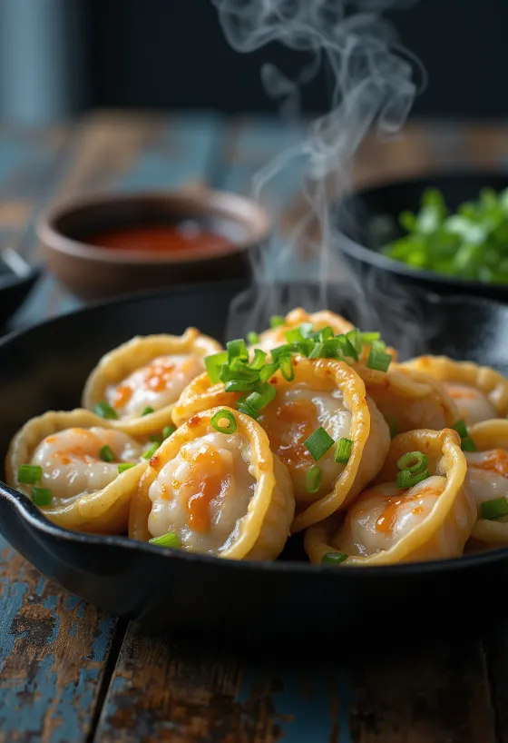 Shrimp gyoza fried crisp served