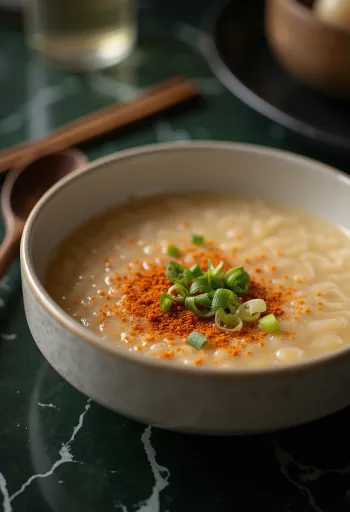 Bowl of creamy Kasu Jiru soup topped with green onions and spice