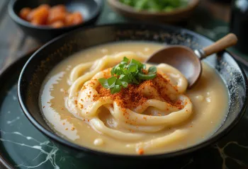 Bowl of creamy Kasu Jiru soup topped with green onions and spice