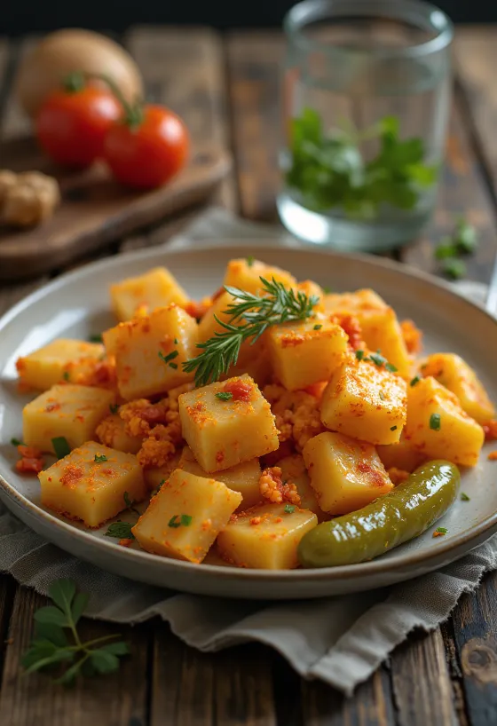 Potato pasta with fried onions and paprika