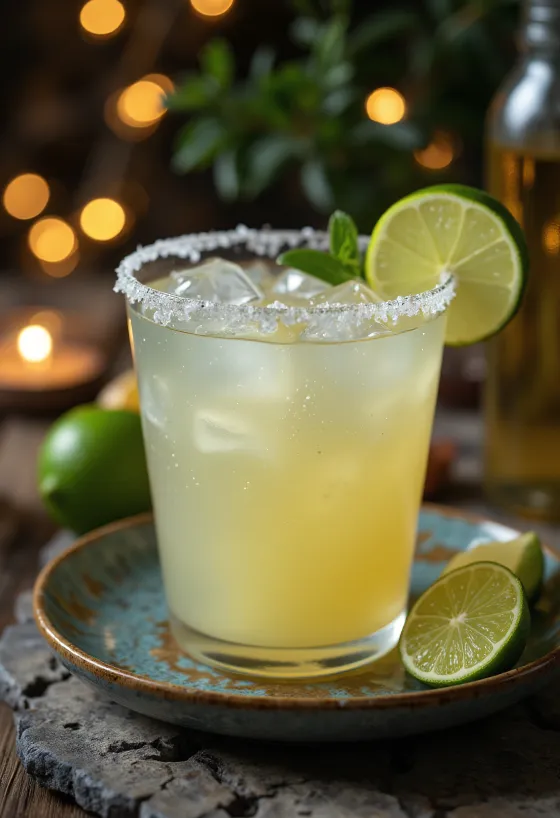 Margarita cocktail with salt rim and lime wedge
