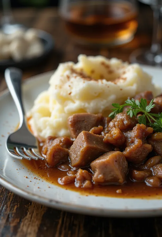 Hungarian beef stew served with mashed potatoes