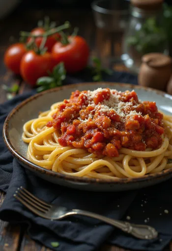 Tomato pasta with fresh basil and grated parmesan