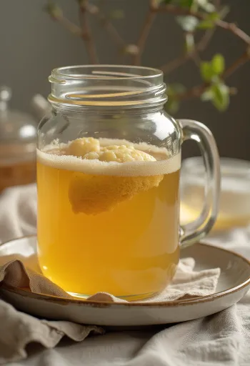 Probiotic green tea kombucha in a bottle, carbonated light-colored drink