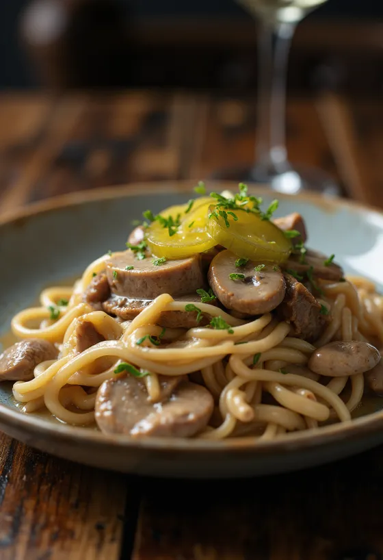 Creamy beef stroganoff with mushrooms