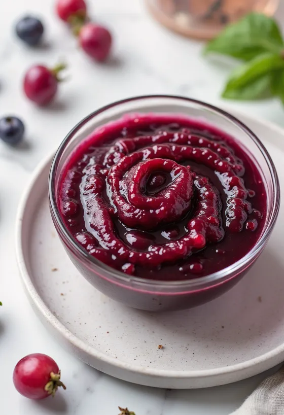 Red wine rosehip sauce in a bowl garnished with fresh rosemary.