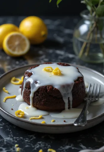 Slice of dark chocolate Kladdkaka with white lemon glaze