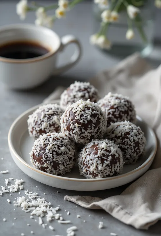 Chocolate coconut balls served on a tray