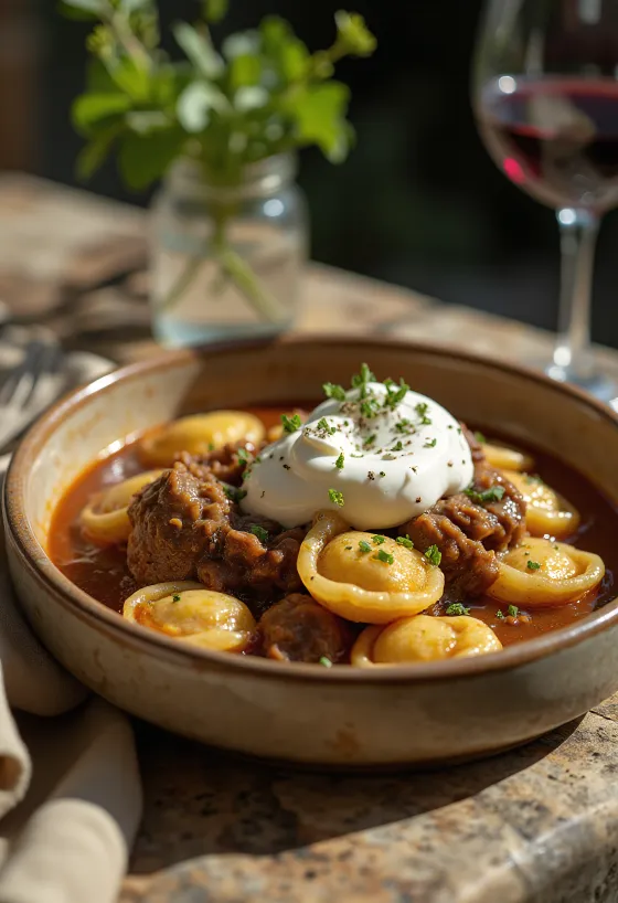 Beef stew served with dumplings and sour cream