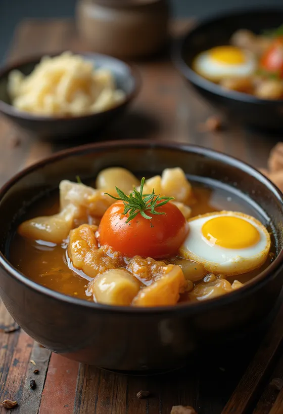 Oden with tomato, Japanese soup with fish, tofu, boiled egg, and fresh tomato