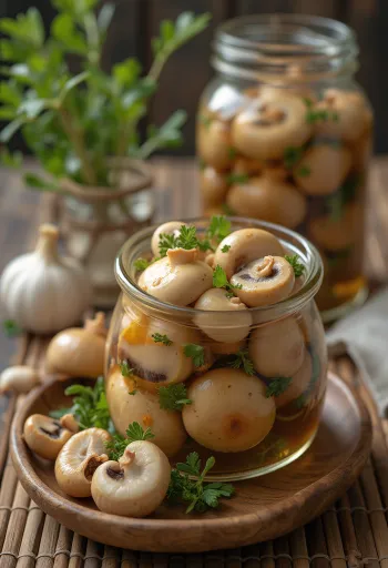 Pickled mushrooms in a glass jar