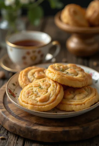 Golden brown Thekua cookies stamped with a design