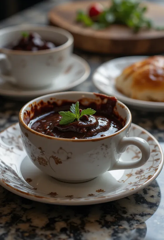 Dark chocolate red wine chili sauce in a bowl with chocolate shavings and chili.