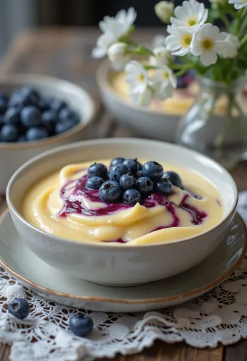 Blueberry vanilla sauce poured over dessert