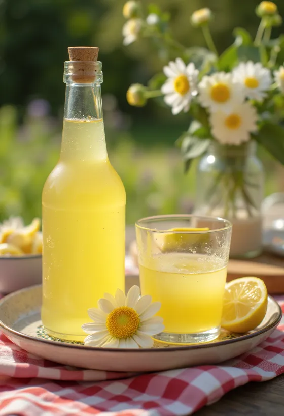 Glass bottle of yellow elderflower syrup with lemons
