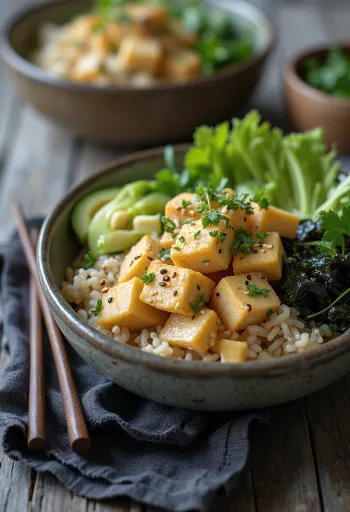 Chirashi bowl with tofu, avocado, cucumber, and nori