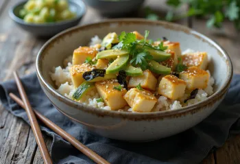 Chirashi bowl with tofu, avocado, cucumber, and nori