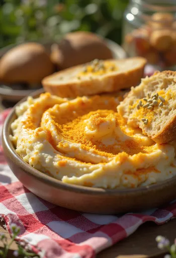 Liptauer cheese spread served with fresh vegetables and toast