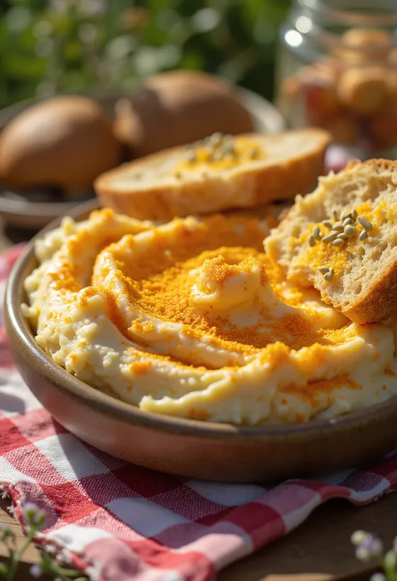 Liptauer cheese spread served with fresh vegetables and toast