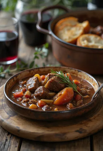 Red wine beef stew served in a bowl