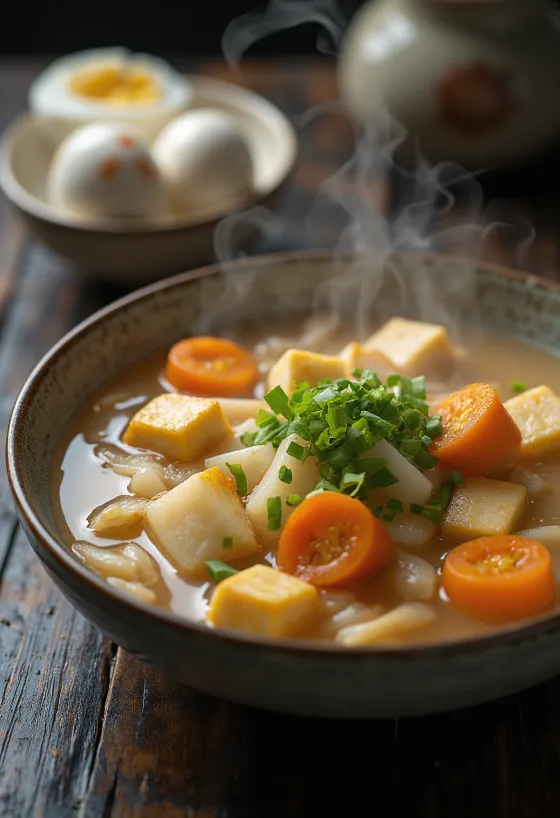 Oden with tofu, rich Japanese soup served with tofu, egg, and spinach
