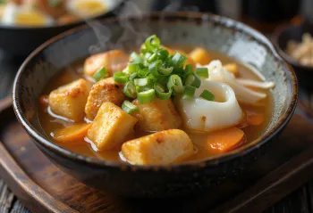 Oden with tofu, rich Japanese soup served with tofu, egg, and spinach
