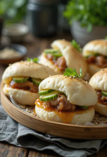 Pork belly buns served with cilantro and peanuts