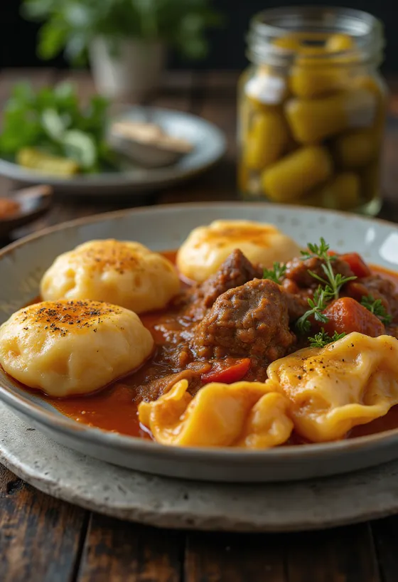 Rich beef stew served with fresh dumplings