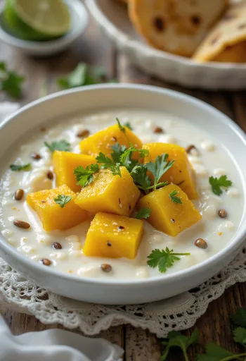 Tinda dahi with yogurt and cilantro, garnished with fresh lime leaf