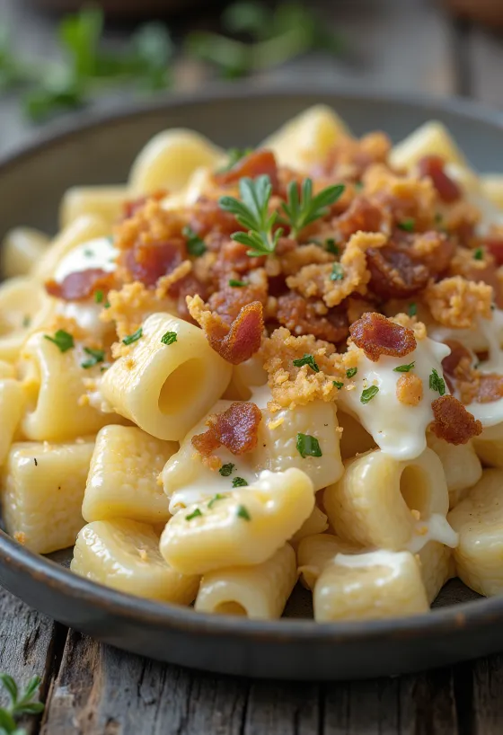 Cottage cheese noodles topped with crispy bacon cracklings and dill