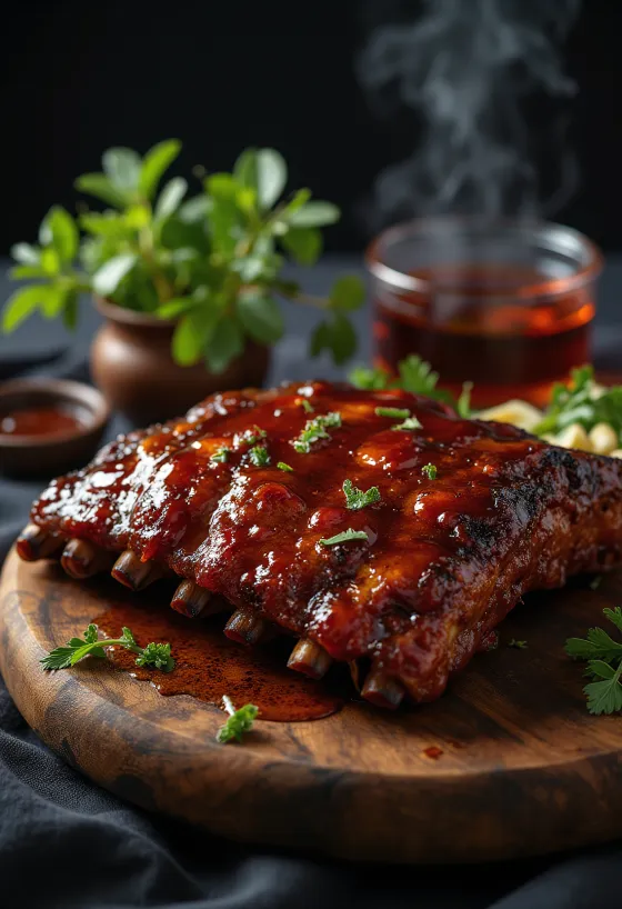 Sticky BBQ ribs served with fries and coleslaw