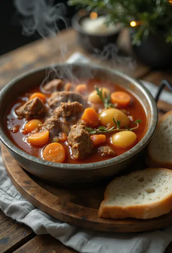 Smoky kettle goulash served with fresh bread