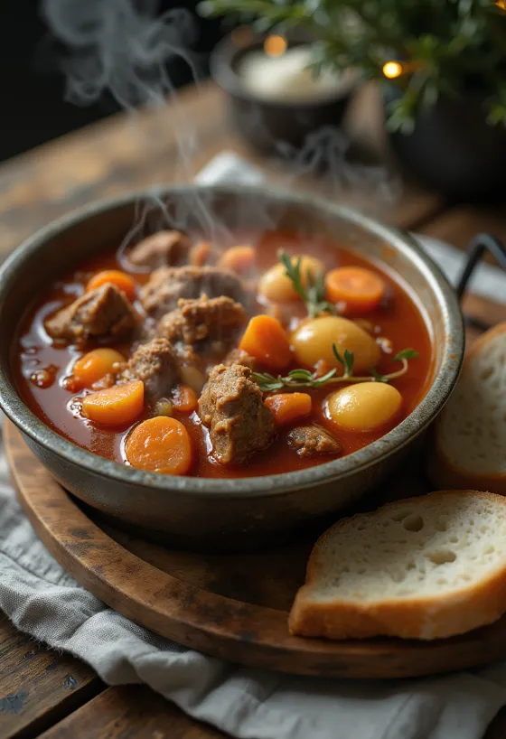 Smoky kettle goulash served with fresh bread